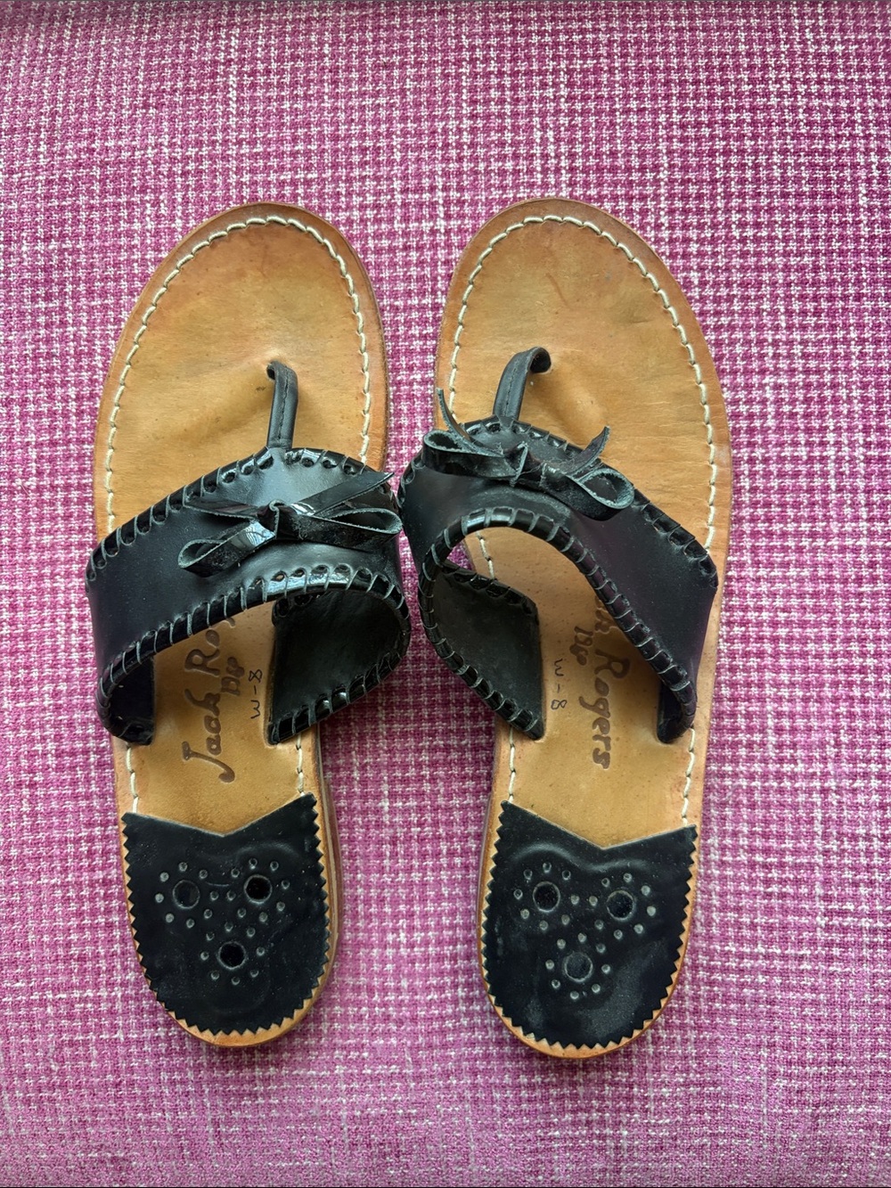 Jack Rogers Black Leather Toe-Loop Sandals with Bow Accent